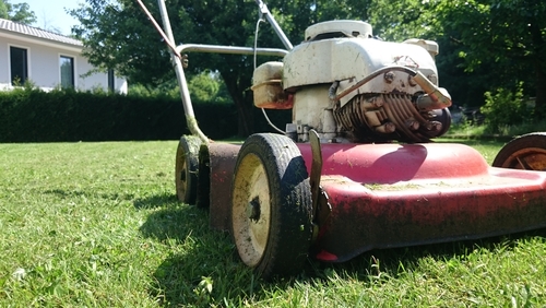 Red,Old,Lawnmower,In,A,Green,Garden