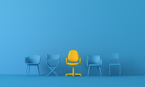 Yellow,Chair,Standing,Out,From,The,Crowd.,Business,Concept.,3d